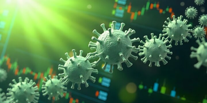 Microscopic Green Viruses: A Close-Up View of COVID-19's Impact, shown against a backdrop of fluctuating stock market graphs.