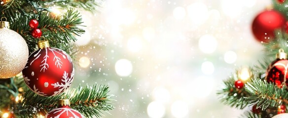 Obraz premium Festive Christmas Decorations Featuring Red and Silver Ornaments on Pine Branches With Sparkling Lights and a Blurred Background