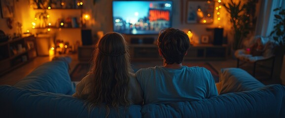 Obraz premium Couple Relaxing on Cozy Sofa Watching Movie at Home in Warm Evening Light