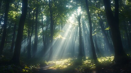 Obraz premium Sunbeams Through Trees: Photograph sunbeams filtering through the leaves of trees in a forest