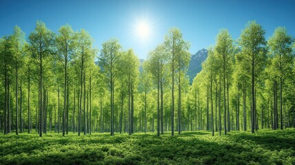 Fototapeta premium Sunlit aspen grove with mountain backdrop.