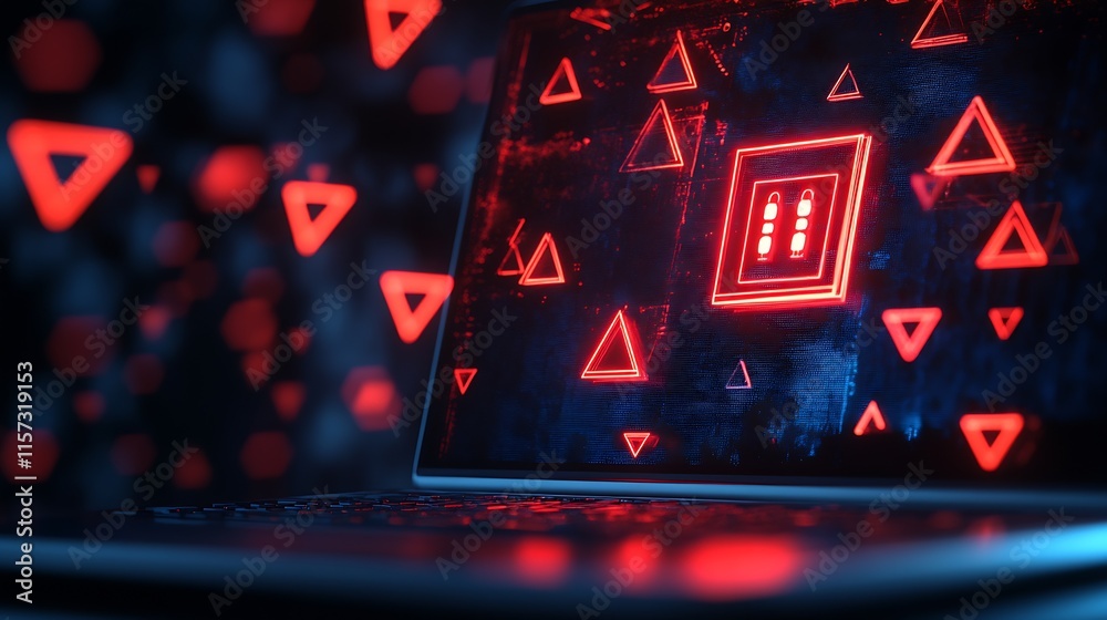Aufkleber Red Triangular Digital Security Concept with Laptop and Glowing Symbols : Generative AI