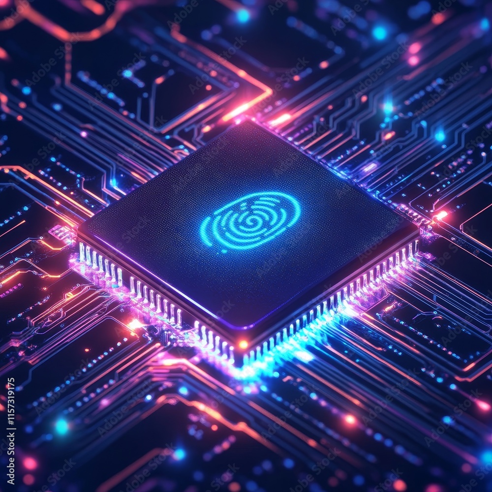 Poster abstract illustration of a microchip embedded in a vibrant circuit board with glowing fingerprint de