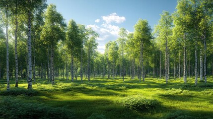 Obraz premium Sunlit birch forest with lush green undergrowth.