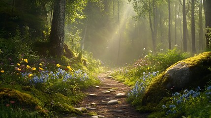 Fototapeta premium Sun-dappled Forest Path: Photograph a forest path with sunlight filtering through the trees