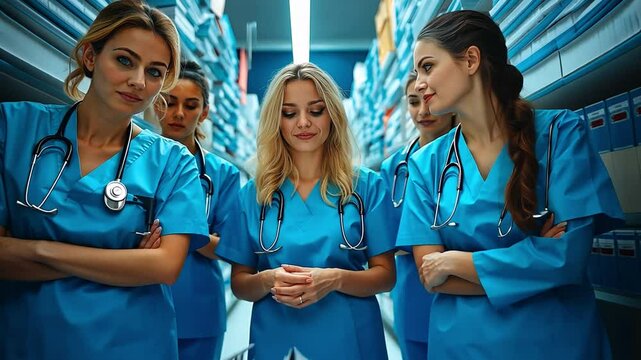 A group of medical professionals working together to organise patient data into folders that are colour-coded and labelled with the departments or conditions of the patients