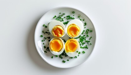 Boiled Eggs with Creamy Yolk Served on White Plate with Chopped Green Onions