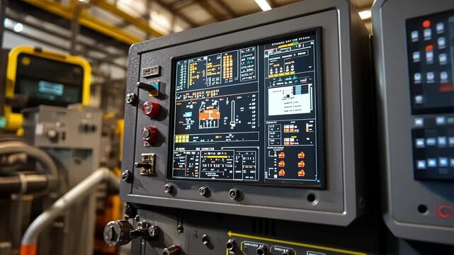 Complex data and parameters are displayed on a modern industrial control panel's screen, suggesting automated processes and advanced monitoring within a bustling factory environment