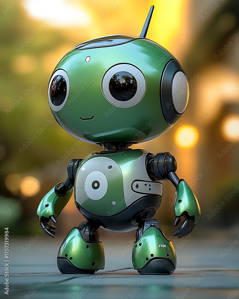 Aufkleber quirky green robot with big eyes navigating urban landscape : generative ai