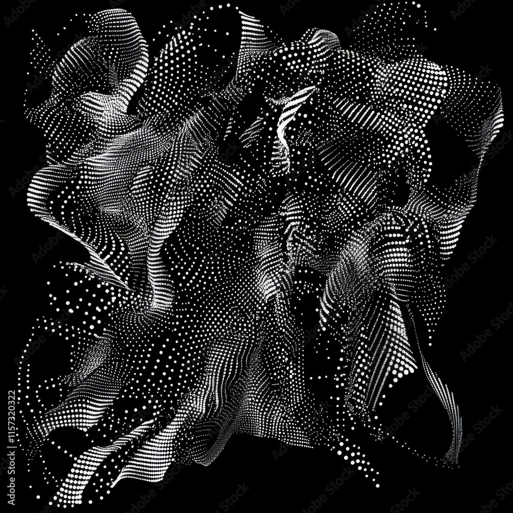 Poster abstract monochromatic design featuring dynamic swirling patterns and dots creating a sense of movem