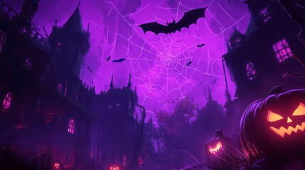 Naklejka premium Spooky Halloween night scene with haunted houses, pumpkins, bats, and spiderwebs under a purple sky.
