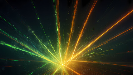 Obraz premium A dynamic plasma beam-themed background, where sharp, angular beams of fluorescent green and orange crisscross each other.