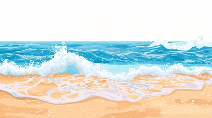 Fototapeta premium Tropical Beach Scene with Rolling Sea Waves in Flat Vector Style