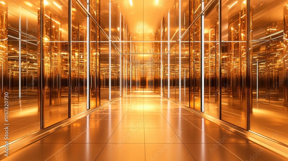 Poster optical illusions and perception concepts. a modern elevator interior with reflective golden walls a