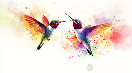 Two vibrant hummingbirds with colorful wings appear to dance mid air, surrounded by splash of watercolor effects in lively and artistic composition