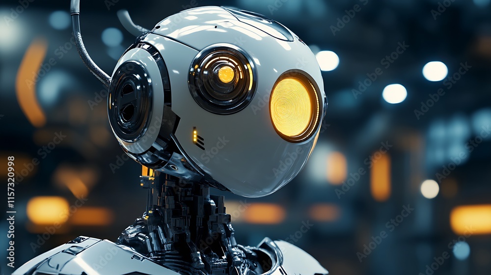Poster White Robotics Entity with Yellow Eye in a Futuristic Ambient Workspace : Generative AI
