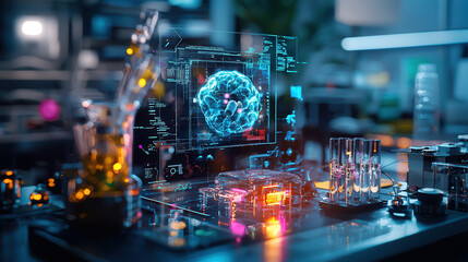 Obraz premium Futuristic AI powered diagnostic tools with holographic displays and laboratory equipment. scene showcases advanced technology and innovation