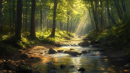 Fototapeta premium Sun-dappled Forest Stream: Capture a forest stream with sunlight filtering through the trees