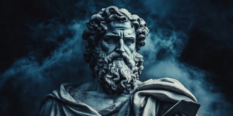 Close-up statue man head shoulders made stone stoic sculpture