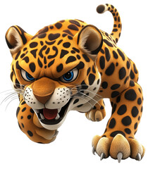 A cartoonish jaguar is running with its mouth open and teeth bared. The animal has a menacing look on its face, and its fur is spotted