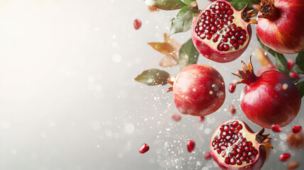 A close up of a bunch of red pomegranates. The pomegranates are scattered around the image, with some of them being larger and others smaller. The image has a vibrant and colorful feel to it