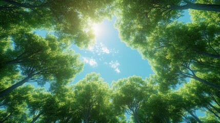 Obraz premium Sunlit canopy, lush green forest trees.