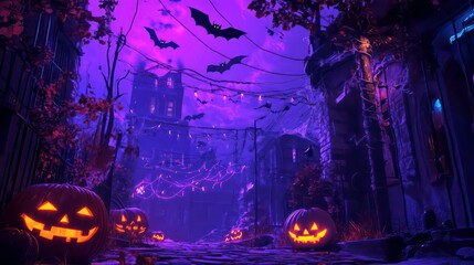 Obraz premium Spooky Halloween night scene with carved pumpkins, bats, and cobblestone street.