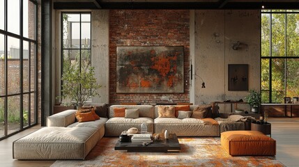 A modern living room featuring a spacious sectional sofa, rich textures, and warm colors, with large windows showing greenery outside.