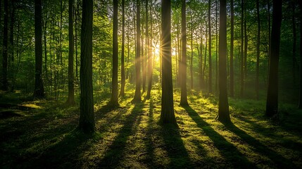 Sunlight filtering through the branches of a dense forest in early spring, illuminating the fresh green leaves and casting long shadows on the ground