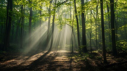 Sunlight filtering through the branches of a dense forest in early spring, illuminating the fresh green leaves and casting long shadows on the ground