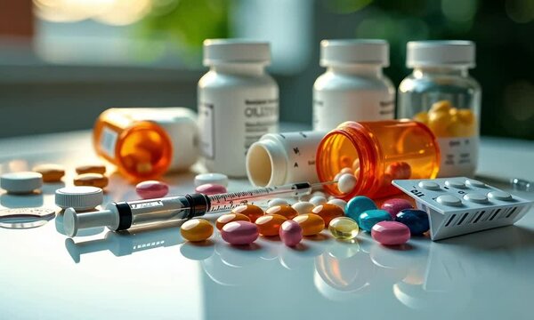 pharmaceutical products: tablets, capsules, syringes, vials, and medication bottles, neatly arranged on a surface,routine, diseases, immunity, health care, vitamins and supplements	
