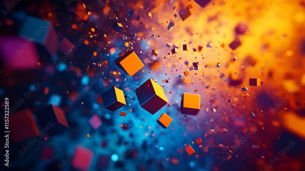 Poster Futuristic 3D Cubes Floating in a Vibrant Abstract Technological Environment : Generative AI