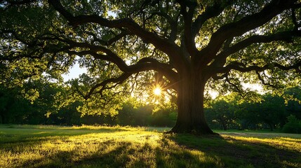 Fototapeta premium Sunlight streaming through the branches of a towering oak tree, with shadows dancing on the ground below