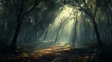 Fototapeta premium Sunlight streaming through the branches of a dense forest at midday, casting intricate patterns of light and shadow on the forest floor