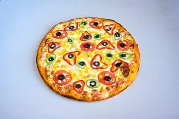 Traditional Turkish cuisine. Pizza, pita, pidesi, sucuk, hummus, kebab. Many dishes on the table. Serving dishes in restaurant. Margherita,  mix, formaggi, veggie karisik pizza. Top view, flat lay