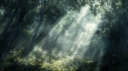 Sunlight streaming through the branches of a dense forest at midday, casting intricate patterns of light and shadow on the forest floor