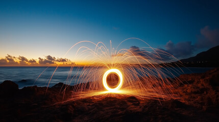Fire spinning creates a mesmerizing light display at sunset over the ocean near rocky shoreline