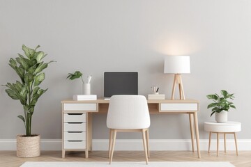 Remote work setup, A modern home office setup featuring a light wooden desk, a computer, decorative plants, and a stylish lamp, set against a soft gray wall.