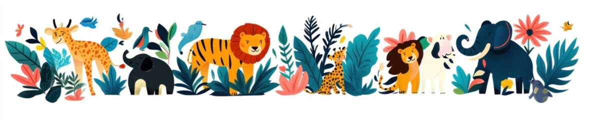 Wild Animals Tropical Paradise Colorful Illustration