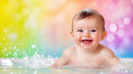 Happy Baby Splashing Water with Colorful Background and Joyful Expression in Tub