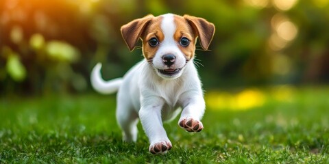 Small white brown puppy running grassy field appears A happy runs