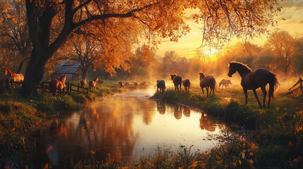 Fototapeta premium serene scene of galloping horses by tranquil river at sunset, surrounded by autumn foliage