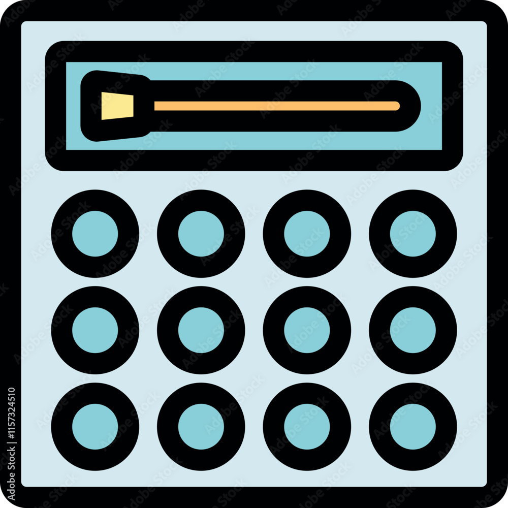 Poster electronic calculator is displaying result of mathematical operations, featuring twelve buttons for 