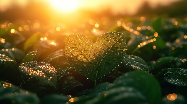 A heart-shaped leaf glistens with dew in a sunlit field, symbolizing nature's beauty.