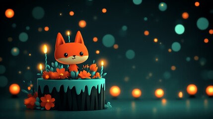 Cute fox on birthday cake with candles.