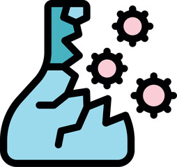 Broken lab flask releasing virus molecules, representing a biohazard containment breach and potential epidemic