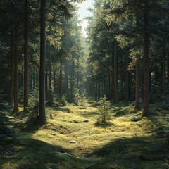 Fototapeta premium Sunlight Filters Through Trees, Illuminating a Peaceful Forest Glade in Early Morning Light Surrounded by Lush Greenery
