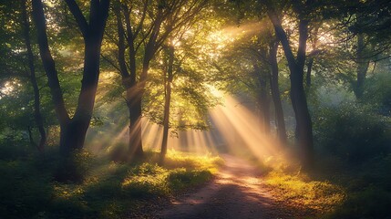 Obraz premium The first light of dawn breaking through the trees in a peaceful woodland, with soft rays of sunlight illuminating the path ahead