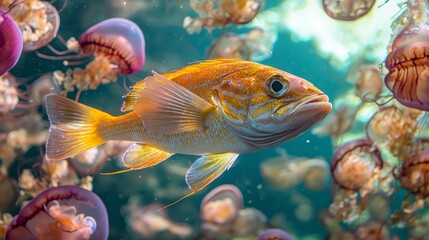 Close-Up of a Snapper Surrounded by Colorful Jellyfish Underwater Scene