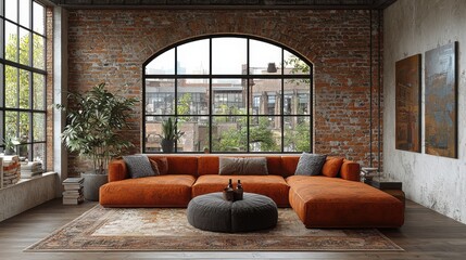 A stylish and cozy living room features a brick wall, large windows, and an orange sectional couch, creating a warm and inviting atmosphere. Greenery visible outside.